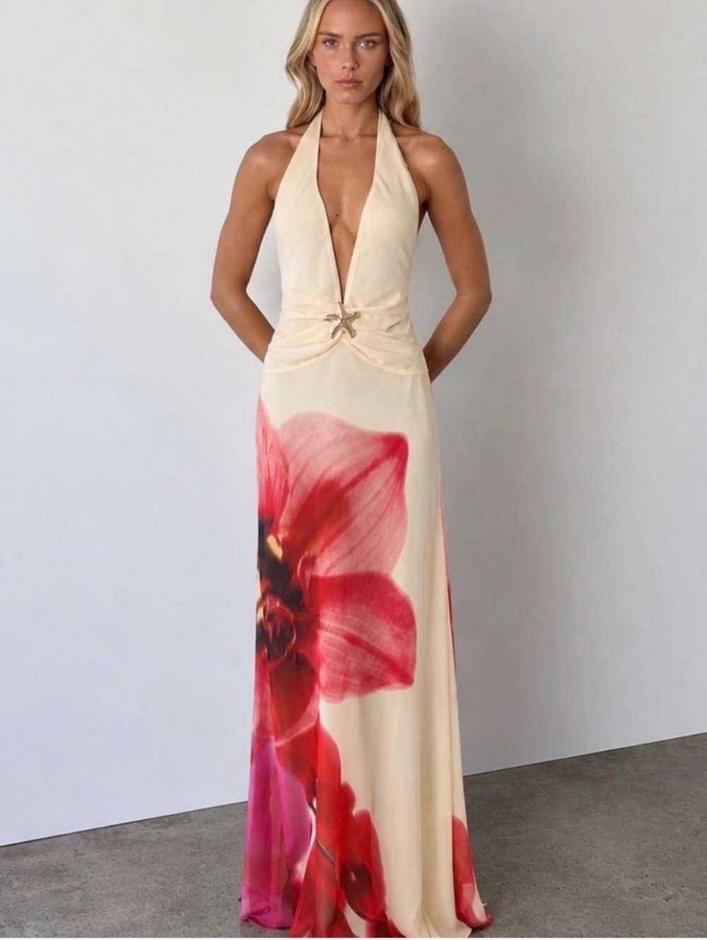 Peppermayo Maxi Dress Yellow Bloom Floral Halter Low Back Size 4
